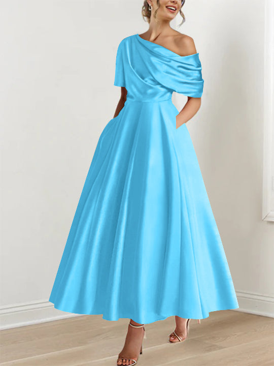 Robe de soirée chic pour femme, coupe A-line, volants, épaule dénudée, longueur cheville.