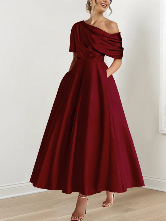 Robe élégante femme A-line, épaule dénudée, volants, cheville, pour mère de la mariée.