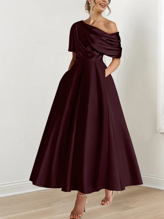 Robe de cérémonie femme, épaule dénudée, volants, coupe A-line, longueur cheville, soirée.