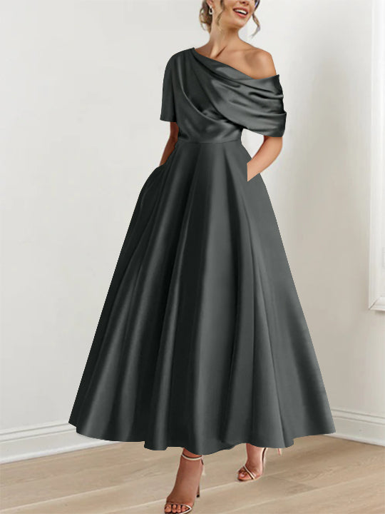 Robe de bal femme, épaule dénudée, volants, longueur cheville, coupe A-line, très chic.