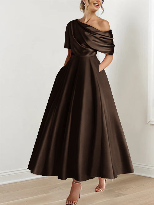 Robe formelle femme, épaule dénudée, volants, coupe A-line, longueur cheville, pour fête.