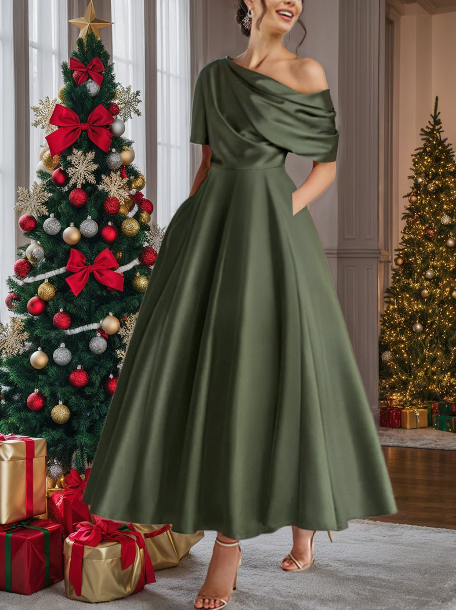 Robe formelle élégante femme, épaule dénudée, volants, coupe A-line, longueur cheville.