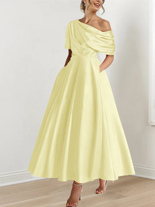 Robe élégante avec volants et épaule dénudée, coupe A-line, longueur cheville, pour femme.