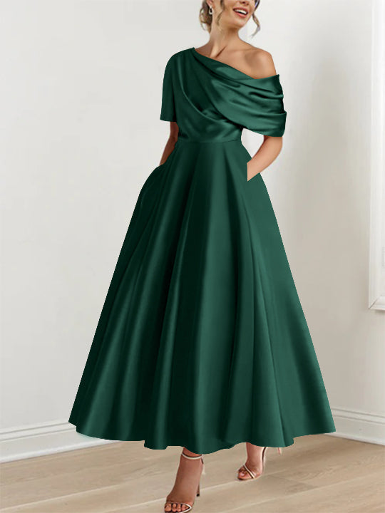 Robe de soirée A-line, épaule dénudée, volants, longueur cheville, parfaite pour cérémonie.
