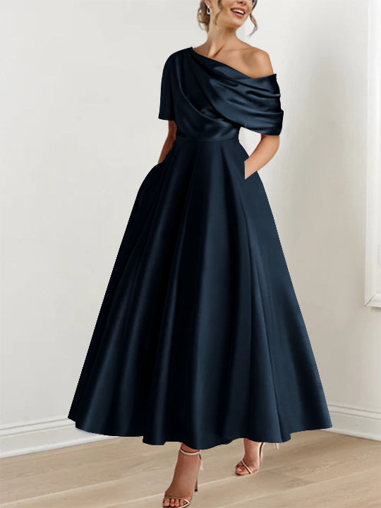 Robe de soirée femme, A-line, épaule dénudée, volants, longueur cheville, grande occasion.