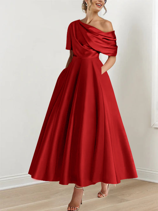 Robe de cérémonie pour femme, épaule dénudée, volants, coupe A-line, longueur cheville.