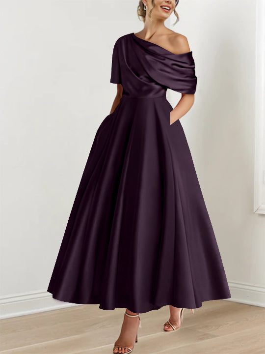 Robe formelle femme, épaule dénudée, volants, coupe A-line, cheville, soirée, mariage.