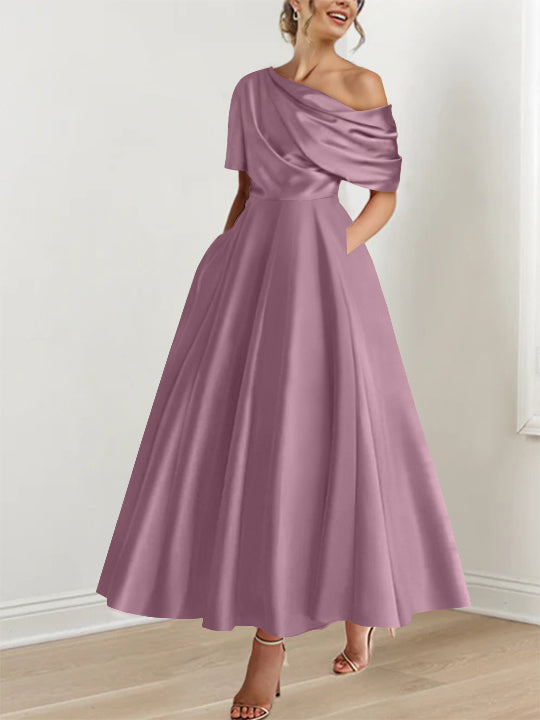 Robe élégante A-line, épaule dénudée, volants, longueur cheville, pour invitée de mariage.