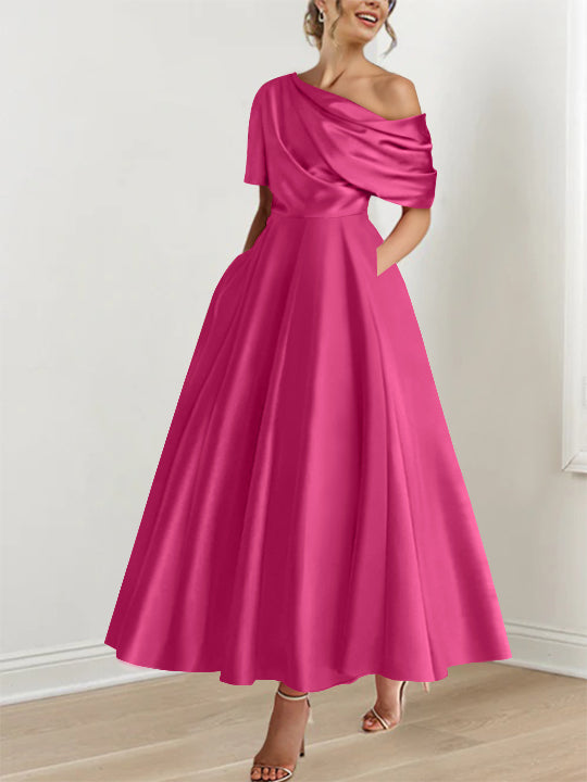 Robe de soirée femme, épaule dénudée, volants, longueur cheville, coupe A-line, élégante.