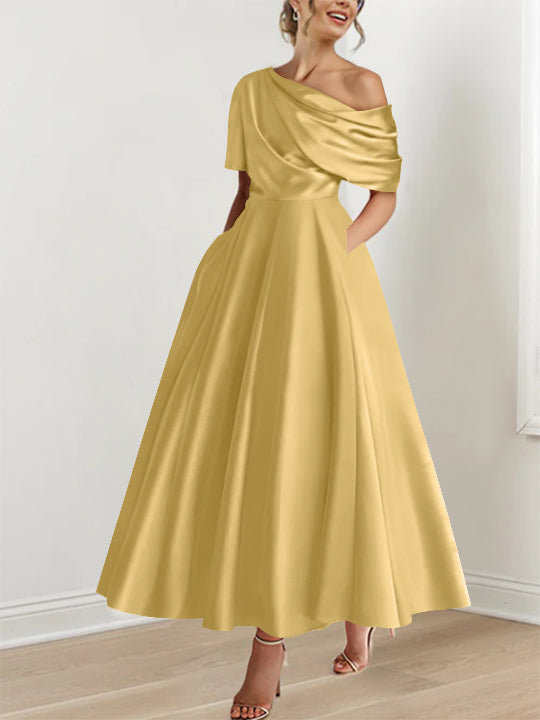 Robe de cérémonie A-line, épaule dénudée, volants, longueur cheville, pour femme raffinée.