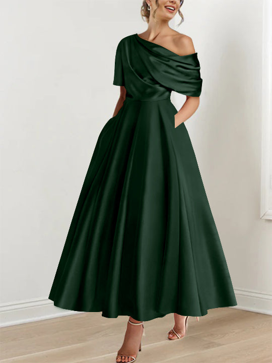 Robe formelle élégante, épaule dénudée, volants, coupe A-line, longueur cheville, mariage.