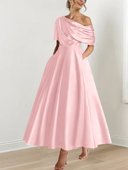 Robe de cérémonie femme, épaule dénudée, volants, longueur cheville, coupe A-line, sublime.