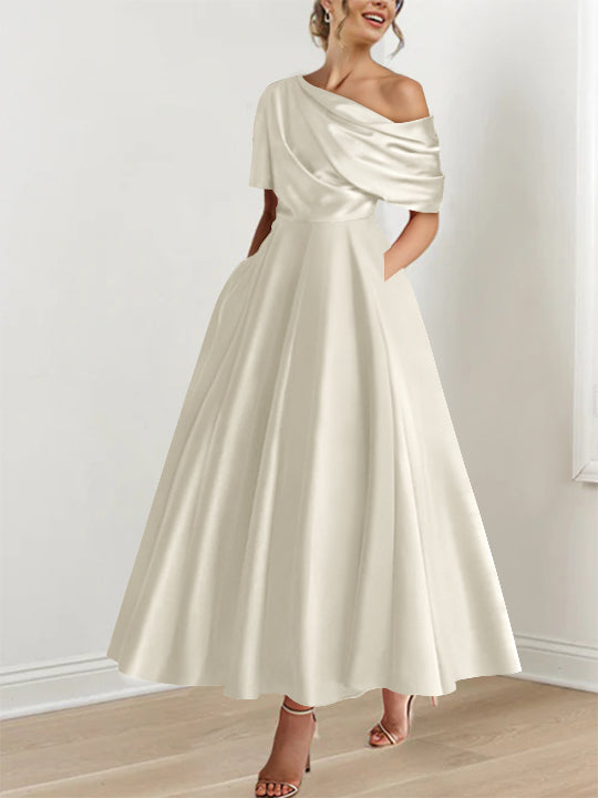 Robe de soirée femme, épaule dénudée, volants, longueur cheville, coupe A-line, pour bal.