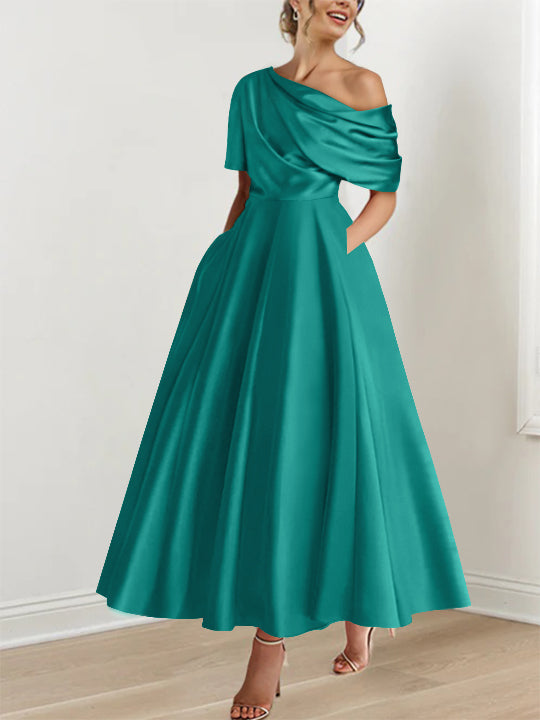 Robe de cérémonie femme, élégante, épaule dénudée, volants, longueur cheville, coupe A-line.