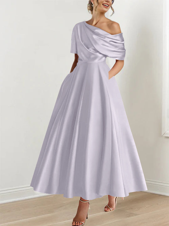 Robe de bal chic, épaule dénudée, volants, coupe A-line, longueur cheville, pour femme.