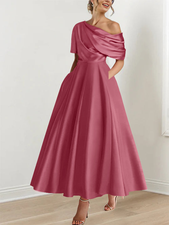 Robe formelle élégante, épaule dénudée, volants, coupe A-line, longueur cheville, invitée.