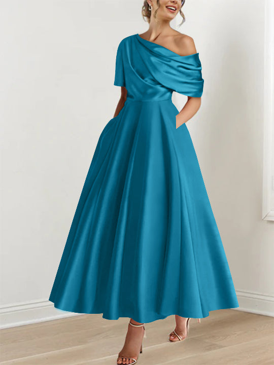 Robe de mère de la mariée, épaule dénudée, volants, longueur cheville, coupe A-line, moderne.