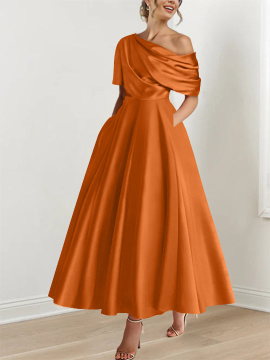 Robe de soirée femme, coupe A-line, épaule dénudée, volants, longueur cheville, cérémonie.