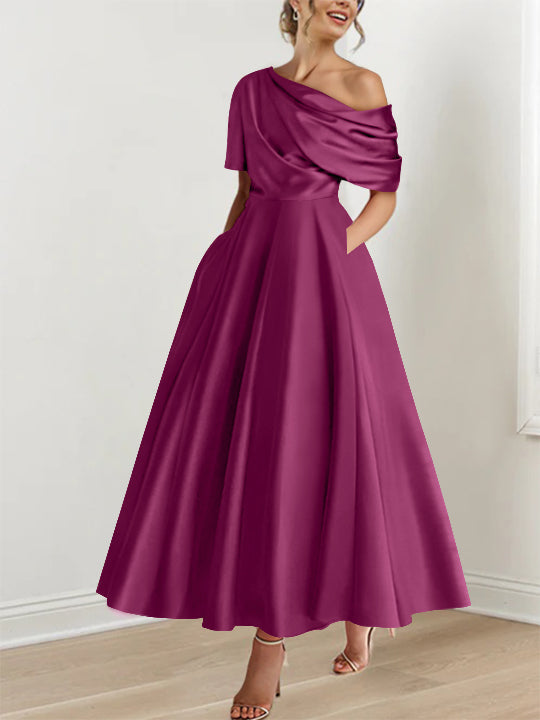 Robe de cérémonie femme, élégante, épaule dénudée, volants, longueur cheville, coupe A-line.