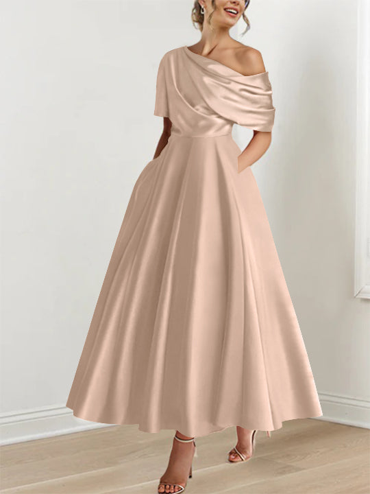 Robe de bal femme, épaule dénudée, volants, longueur cheville, coupe A-line, pour soirée.