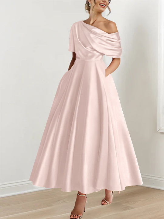 Robe formelle, épaule dénudée, volants, longueur cheville, coupe A-line, pour mariage.