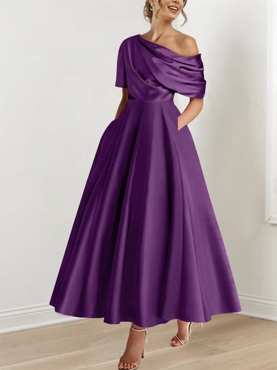 Robe élégante femme, A-line, épaule dénudée, volants, longueur cheville, événement spécial.