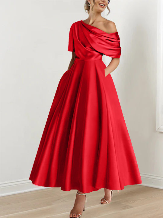 Robe de mère de la mariée, épaule dénudée, volants, longueur cheville, coupe A-line, sophistiquée.