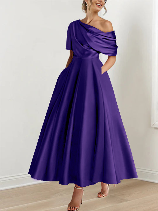 Robe de soirée femme, A-line, épaule dénudée, volants, longueur cheville, chic et moderne.