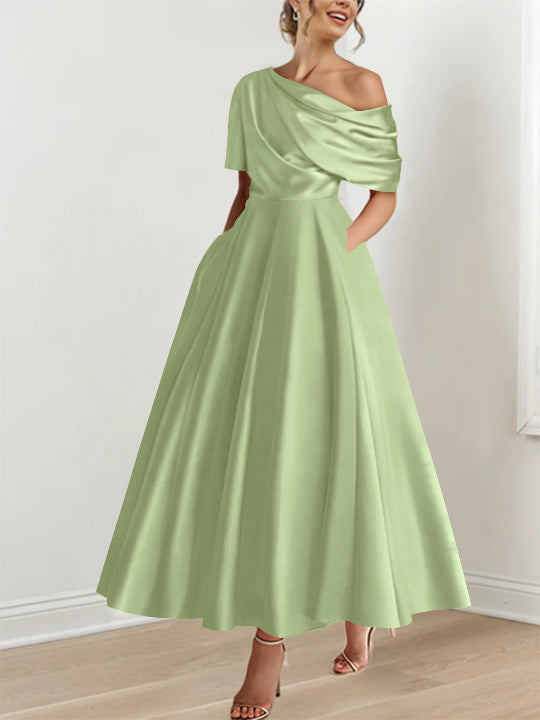 Robe de bal, épaule dénudée, volants, coupe A-line, longueur cheville, pour une allure élégante.
