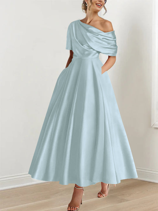 Robe élégante A-line, épaule dénudée, volants, longueur cheville, invitée de cérémonie.
