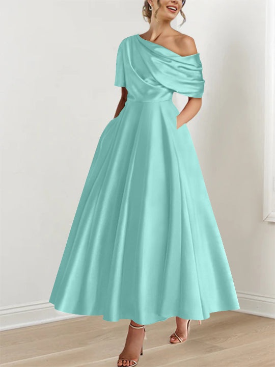 Robe mère de la mariée, épaule dénudée, volants, longueur cheville, coupe A-line, raffinée.