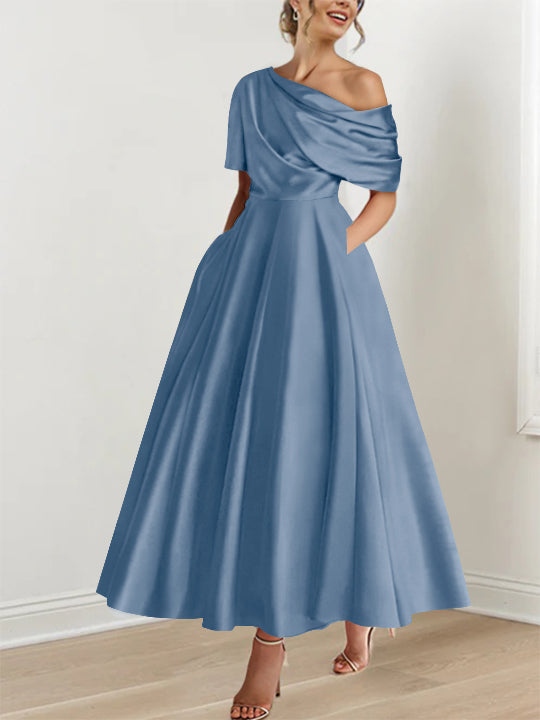 Robe de soirée femme, A-line, épaule dénudée, volants, longueur cheville, pour occasions.