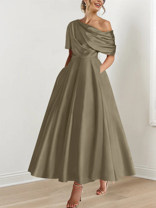 Robe de cérémonie femme, épaule dénudée, volants, longueur cheville, coupe A-line, distinguée.