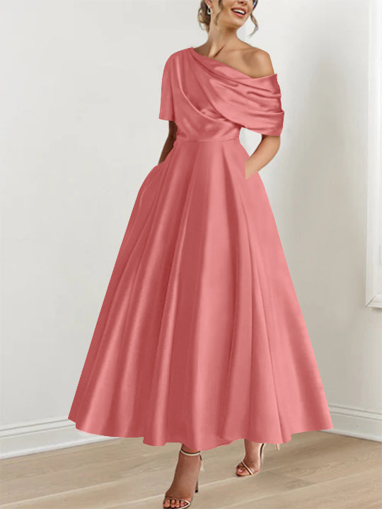 Robe de bal, épaule dénudée, volants, coupe A-line, longueur cheville, pour un look chic.
