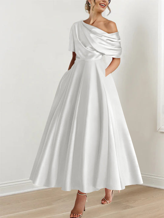 Robe formelle femme, épaule dénudée, volants, longueur cheville, coupe A-line, mariage, soirée.
