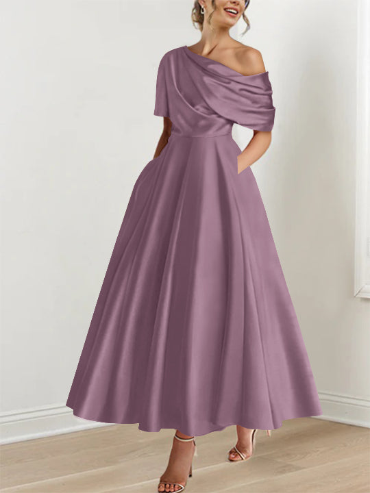 Robe élégante femme, A-line, épaule dénudée, volants, longueur cheville, toute célébration.