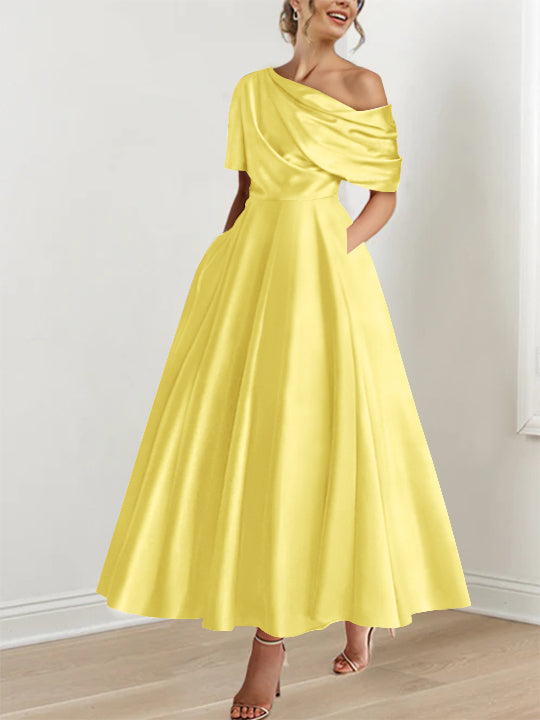 Robe mère de la mariée, épaule dénudée, volants, longueur cheville, coupe A-line, superbe.