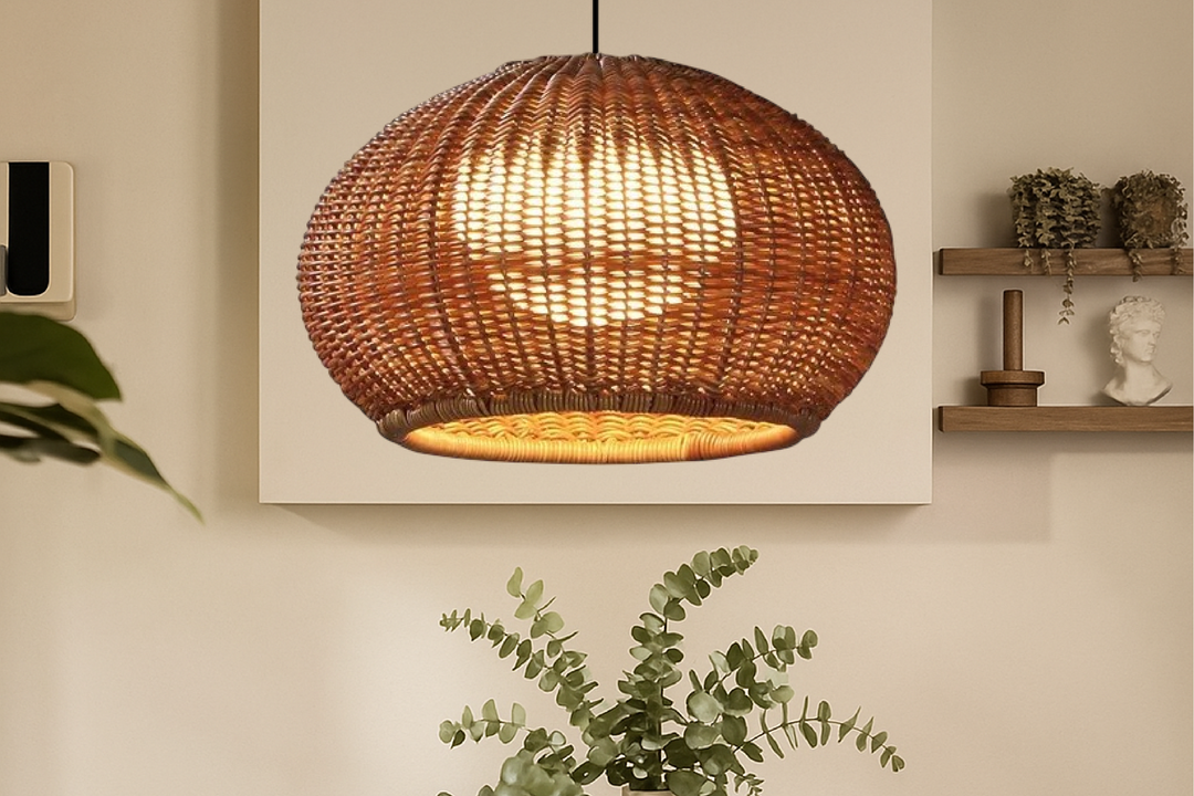 Lampe de plafond en bambou tressé organique, style bohème et naturel. Idéale pour un éclairage doux et design.