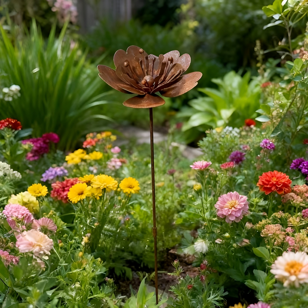 Sculpture de jardin fleur en métal rouillé. Décoration extérieure unique, porte-bougie pour soirée ambiante.