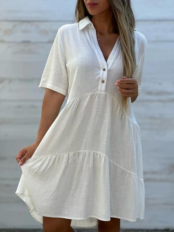 Robe femme courte et ample en lin/coton, col V avec boutons. Parfaite pour l'été, style décontracté et chic.