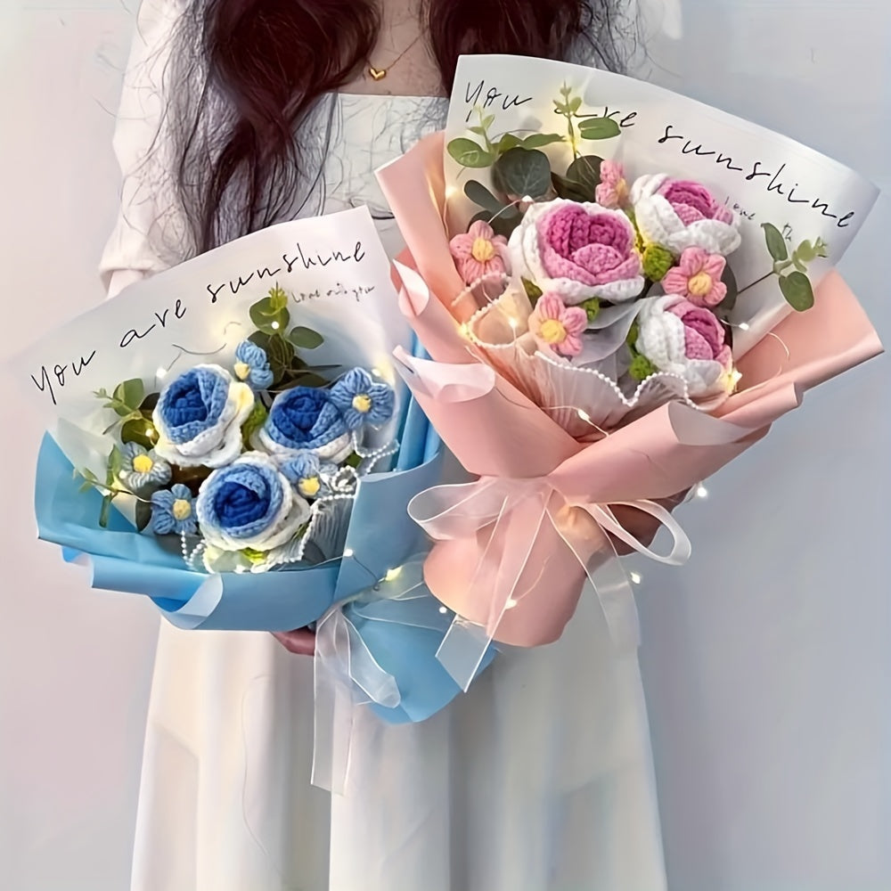 Détail gros plan d'un bouquet de fleurs au crochet, montrant la texture artisanale. Cadeau souvenir unique.