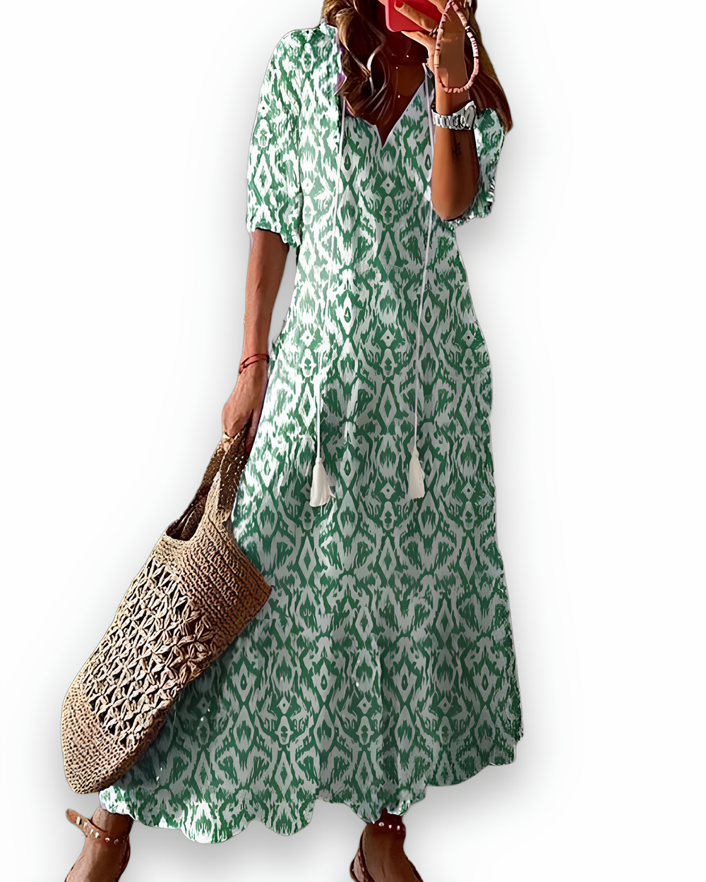 Robe longue imprimée fluide femme, col V, idéale pour un look décontracté chic d'été. Confortable.