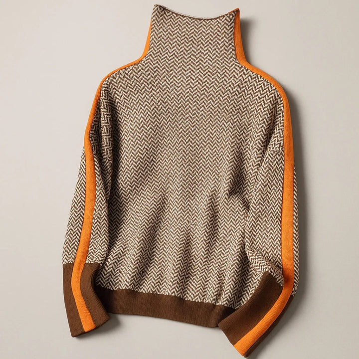 Détail du pull col montant femme. Tricot élégant, moderne et confortable, idéal pour une tenue chic d'hiver.
