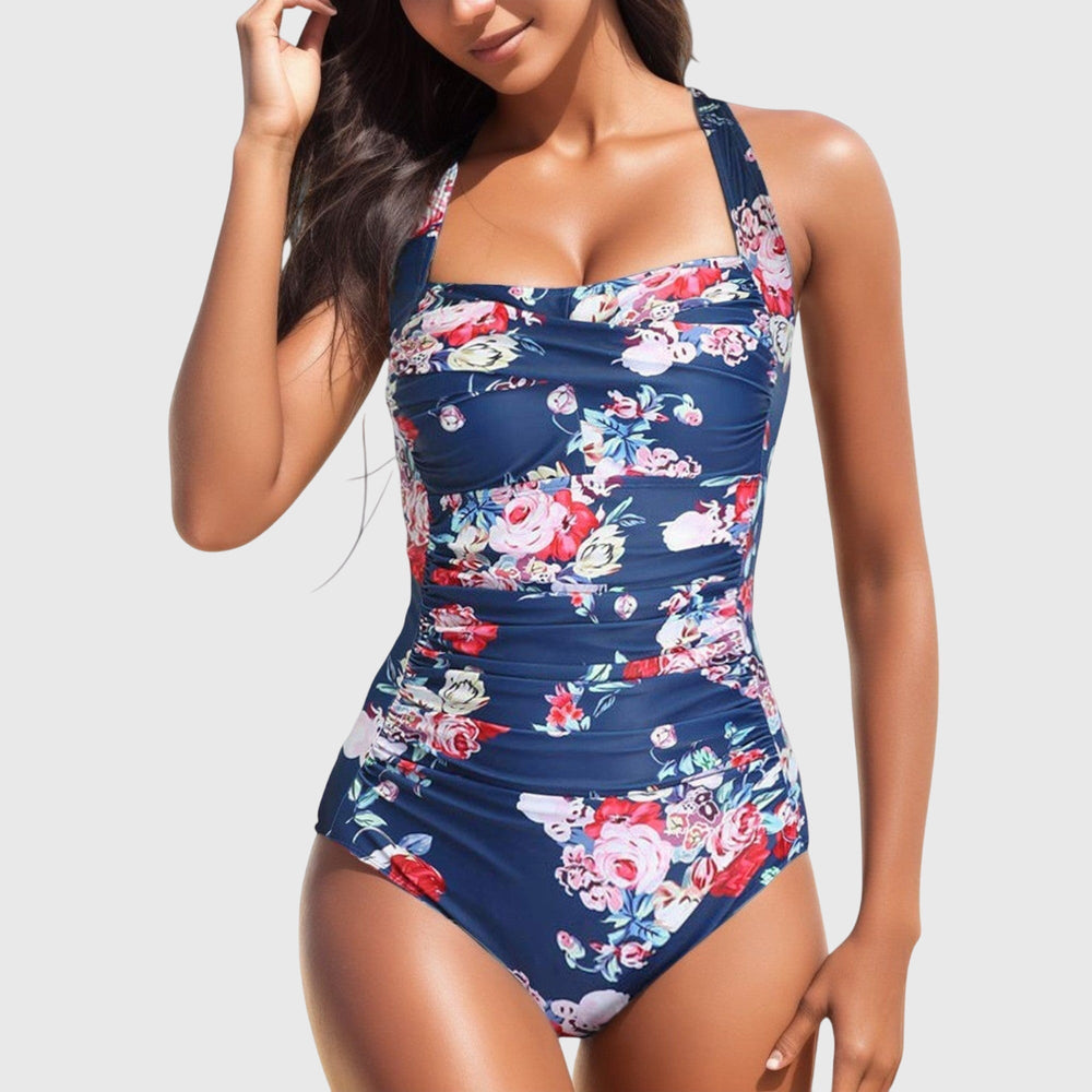 Maillot de bain gainant femme, motif tropical, fronces élégantes, coupe une pièce, col carré mode.