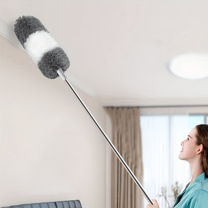 Plumeau microfibre télescopique lavable, idéal nettoyage hauts plafonds et dépoussiérage maison.