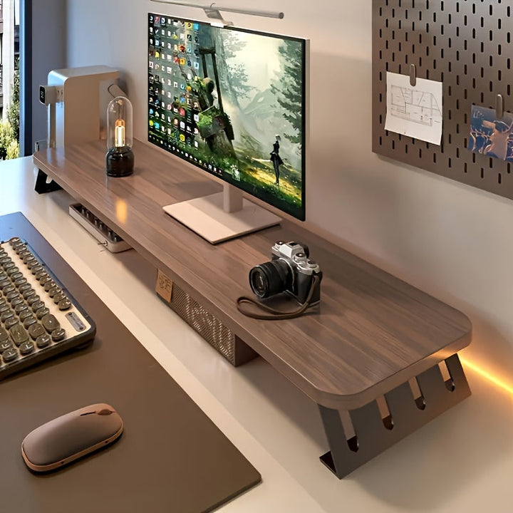 Support d'écran élévateur en bois, ergonomique, idéal pour moniteur et portable, noyer.