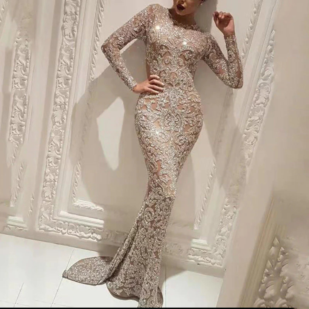 Robe de soirée sirène pailletée pour femme, manches longues, élégante, parfaite pour bal, mariage ou événement glamour.