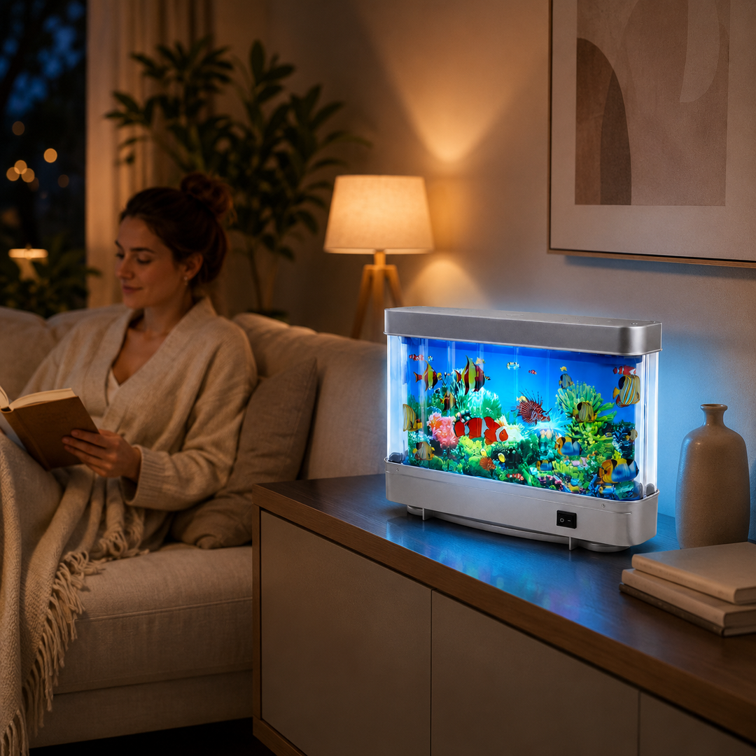 Lampe aquarium rétro LED AquaDream, décoration maison élégante avec poissons artificiels pour ambiance relaxante.