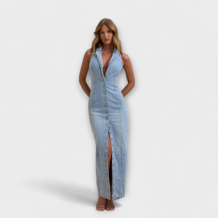 Robe longue maxi femme élégante bleu délavé, col halter, style décontracté chic pour printemps été.