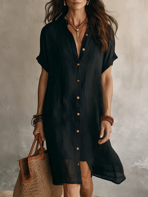 Robe midi boutonnée à manches courtes pour femme, coupe chemise décontractée, idéale pour les vacances d'été.